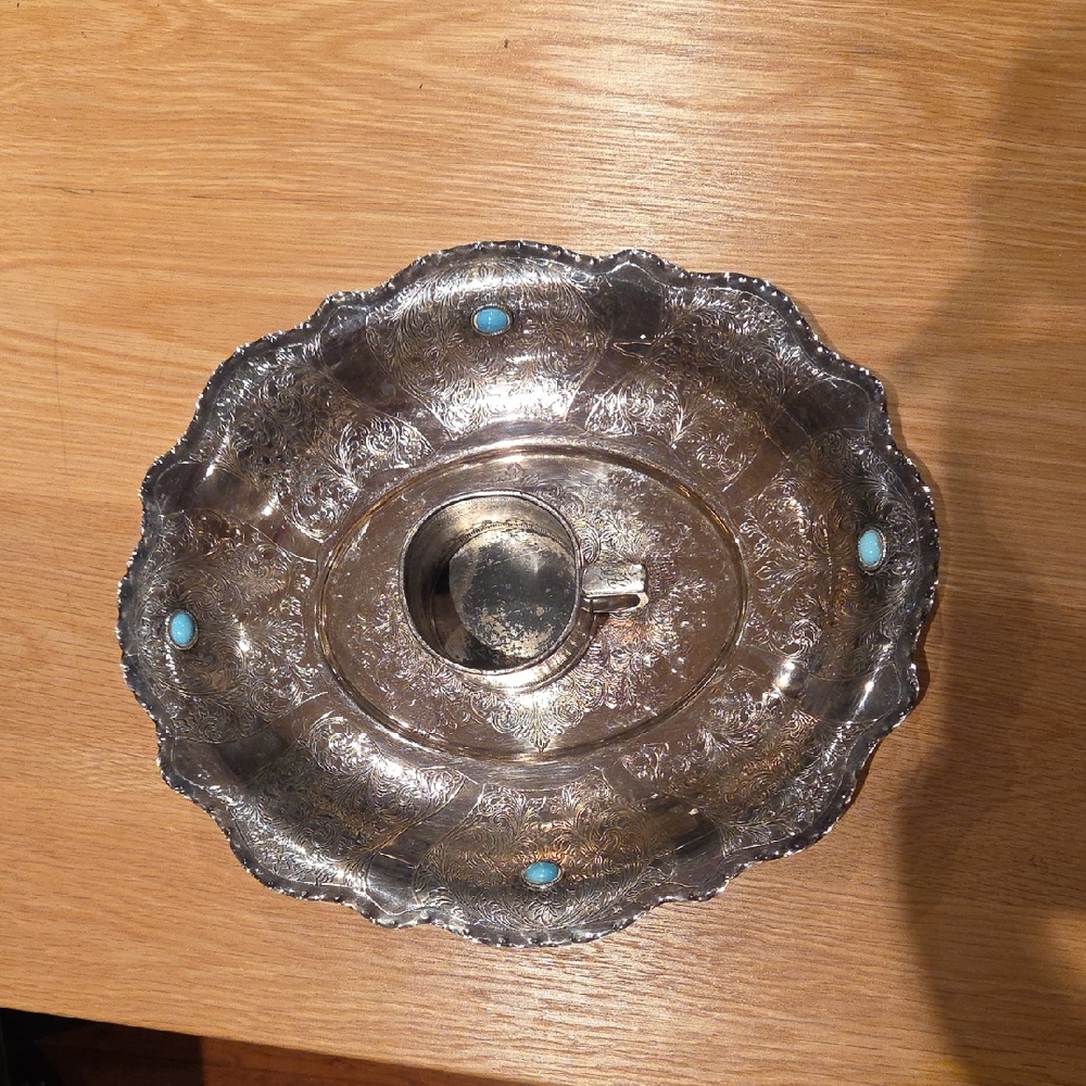 Silver Plated Serving Tray with Blue Accents